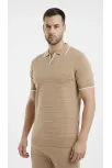 Erkek 2’li Paket Triko Yakalı Düğmesiz Açık Yaka Fitilli Kısa Kollu Regular Fit Tişört - Bej & Siyah