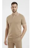 Erkek 2’li Paket Triko Yakalı Düğmesiz Açık Yaka Fitilli Kısa Kollu Regular Fit Tişört - Bej & Siyah