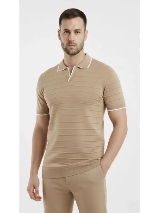 Erkek 2’li Paket Triko Yakalı Düğmesiz Açık Yaka Fitilli Kısa Kollu Regular Fit Tişört - Bej & Siyah