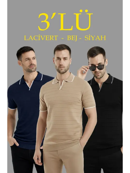 Erkek 3’lü Paket Triko Yakalı Düğmesiz Açık Yaka Fitilli Kısa Kollu Regular Fit Tişört - Lacivert, Bej, Siyah
