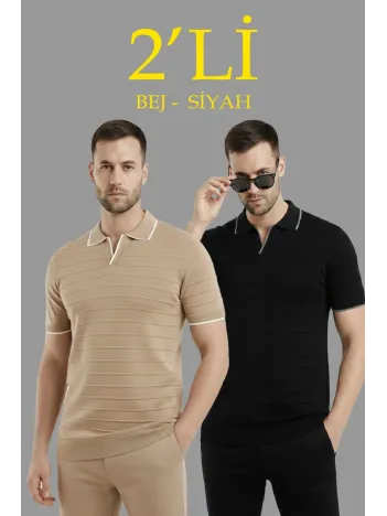 Erkek 2’li Paket Triko Yakalı Düğmesiz Açık Yaka Fitilli Kısa Kollu Regular Fit Tişört - Bej & Siyah