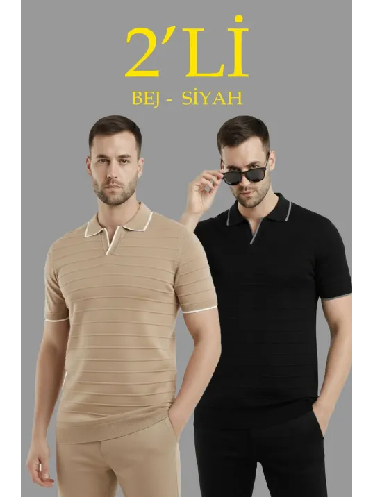 Erkek 2’li Paket Triko Yakalı Düğmesiz Açık Yaka Fitilli Kısa Kollu Regular Fit Tişört - Bej & Siyah