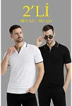 Erkek 2’li Paket Triko Yakalı Düğmesiz Açık Yaka Fitilli Kısa Kollu Regular Fit Tişört - Beyaz & Siyah