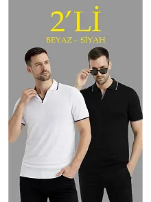 Erkek 2’li Paket Triko Yakalı Düğmesiz Açık Yaka Fitilli Kısa Kollu Regular Fit Tişört - Beyaz & Siyah