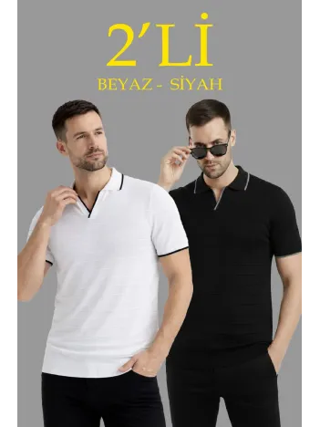 Erkek 2’li Paket Triko Yakalı Düğmesiz Açık Yaka Fitilli Kısa Kollu Regular Fit Tişört - Beyaz & Siyah