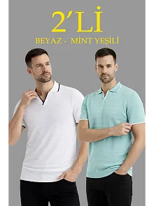 Erkek 2’li Paket Triko Yakalı Düğmesiz Açık Yaka Fitilli Kısa Kollu Regular Fit Tişört - Beyaz & Mint Yeşili