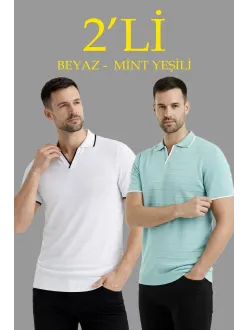 Erkek 2’li Paket Triko Yakalı Düğmesiz Açık Yaka Fitilli Kısa Kollu Regular Fit Tişört - Beyaz & Mint Yeşili