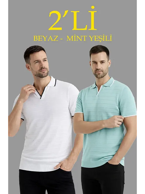Erkek 2’li Paket Triko Yakalı Düğmesiz Açık Yaka Fitilli Kısa Kollu Regular Fit Tişört - Beyaz & Mint Yeşili