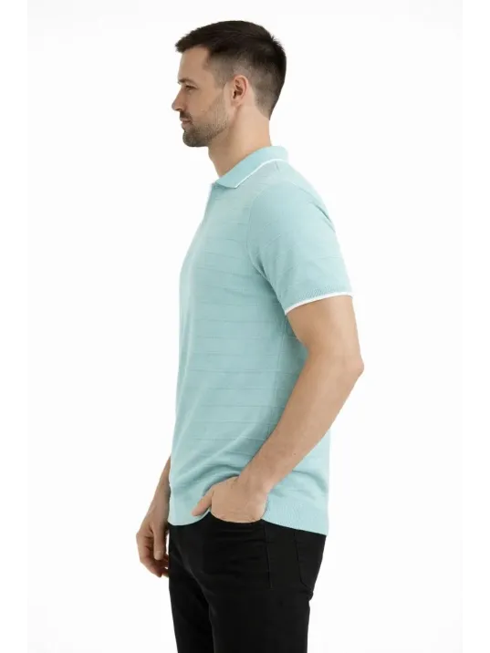 Erkek 2’li Paket Triko Yakalı Düğmesiz Açık Yaka Fitilli Kısa Kollu Regular Fit Tişört - Lacivert & Mint Yeşili