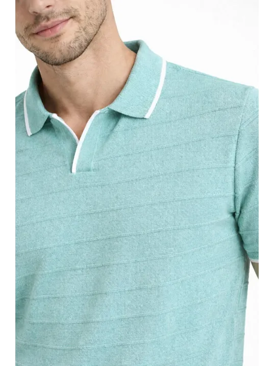 Erkek 2’li Paket Triko Yakalı Düğmesiz Açık Yaka Fitilli Kısa Kollu Regular Fit Tişört - Lacivert & Mint Yeşili