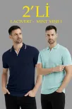 Erkek 2’li Paket Triko Yakalı Düğmesiz Açık Yaka Fitilli Kısa Kollu Regular Fit Tişört - Lacivert & Mint Yeşili