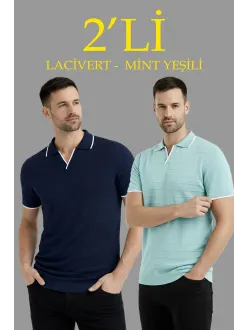 Erkek 2’li Paket Triko Yakalı Düğmesiz Açık Yaka Fitilli Kısa Kollu Regular Fit Tişört - Lacivert & Mint Yeşili