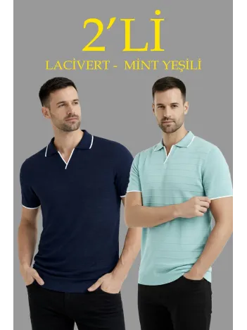 Erkek 2’li Paket Triko Yakalı Düğmesiz Açık Yaka Fitilli Kısa Kollu Regular Fit Tişört - Lacivert & Mint Yeşili