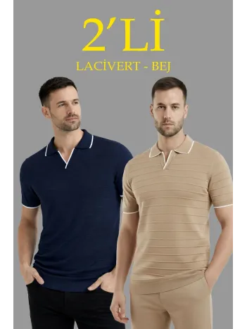 Erkek 2’li Paket Triko Yakalı Düğmesiz Açık Yaka Fitilli Kısa Kollu Regular Fit Tişört - Lacivert & Bej