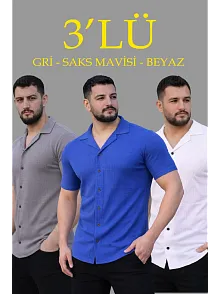 Erkek Waffle Dokuma Açık Yakalı Düğmeli Regular Kalıp 3’lü Gömlek Seti - Gri, Saks Mavisi, Beyaz