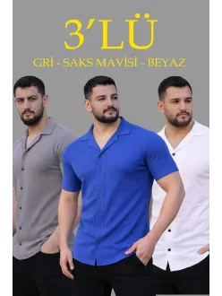 Erkek Waffle Dokuma Açık Yakalı Düğmeli Regular Kalıp 3’lü Gömlek Seti - Gri, Saks Mavisi, Beyaz