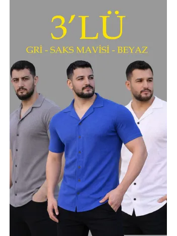 Erkek Waffle Dokuma Açık Yakalı Düğmeli Regular Kalıp 3’lü Gömlek Seti - Gri, Saks Mavisi, Beyaz