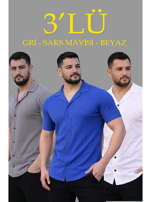 Erkek Waffle Dokuma Açık Yakalı Düğmeli Regular Kalıp 3’lü Gömlek Seti - Gri, Saks Mavisi, Beyaz