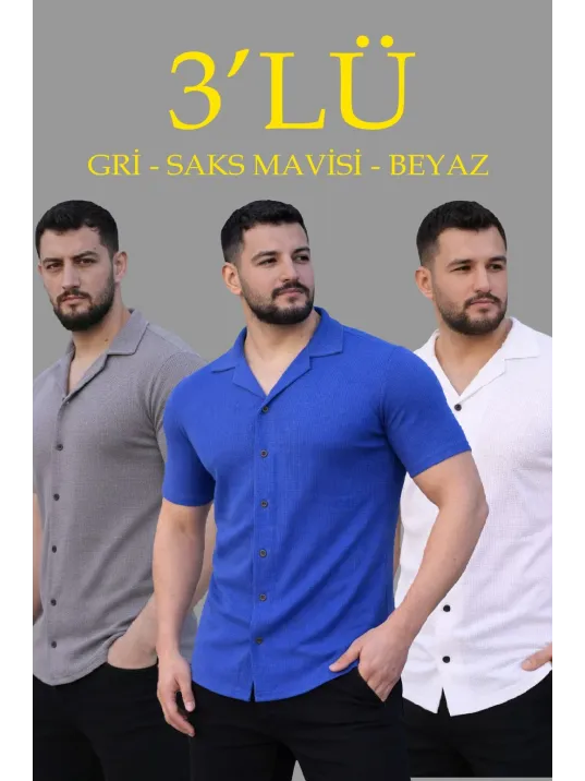 Erkek Waffle Dokuma Açık Yakalı Düğmeli Regular Kalıp 3’lü Gömlek Seti - Gri, Saks Mavisi, Beyaz Erkek Waffle Dokuma Açık Yakalı Düğmeli Regular Kalıp 3’lü Gömlek Seti - Gri, Saks Mavisi, Beyaz