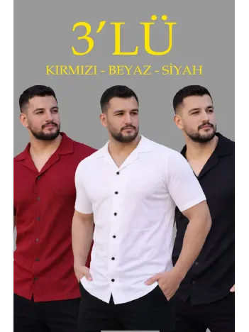 Erkek Waffle Dokuma Açık Yakalı Düğmeli Regular Kalıp 3’lü Gömlek Seti - Siyah, Kırmızı, Beyaz
