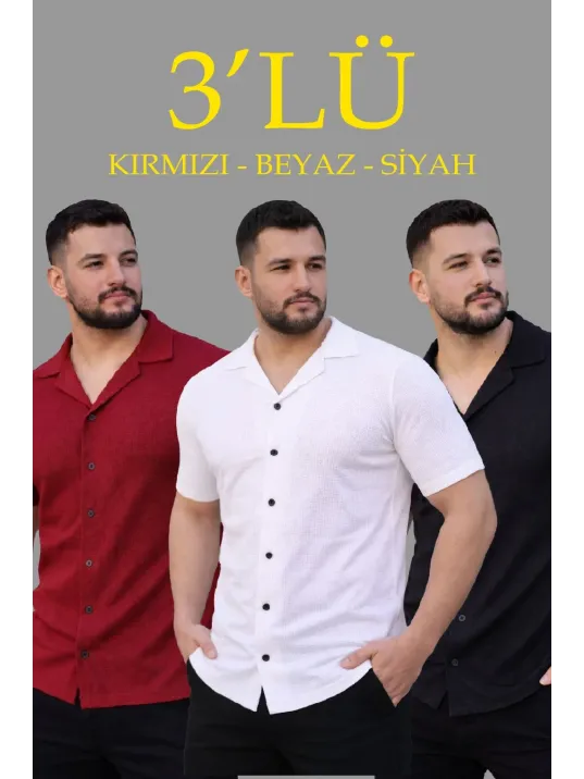 Erkek Waffle Dokuma Açık Yakalı Düğmeli Regular Kalıp 3’lü Gömlek Seti - Siyah, Kırmızı, Beyaz Erkek Waffle Dokuma Açık Yakalı Düğmeli Regular Kalıp 3’lü Gömlek Seti - Siyah, Kırmızı, Beyaz