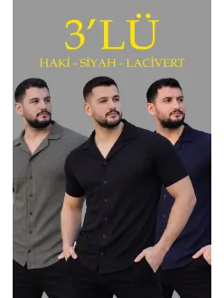 Erkek Waffle Dokuma Açık Yakalı Düğmeli Regular Kalıp 3’lü Gömlek Seti - Siyah, Haki, Lacivert