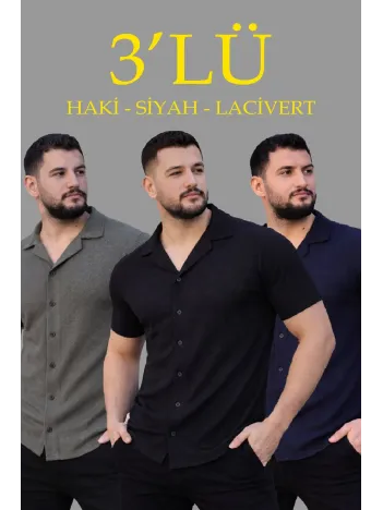 Erkek Waffle Dokuma Açık Yakalı Düğmeli Regular Kalıp 3’lü Gömlek Seti - Siyah, Haki, Lacivert