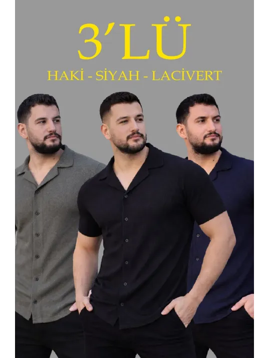 Erkek Waffle Dokuma Açık Yakalı Düğmeli Regular Kalıp 3’lü Gömlek Seti - Siyah, Haki, Lacivert