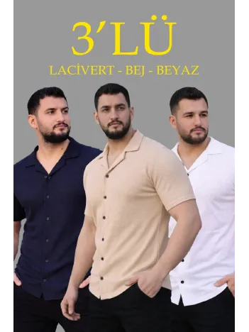 Erkek Waffle Dokuma Açık Yakalı Düğmeli Regular Kalıp 3’lü Gömlek Seti - Bej, Beyaz, Lacivert