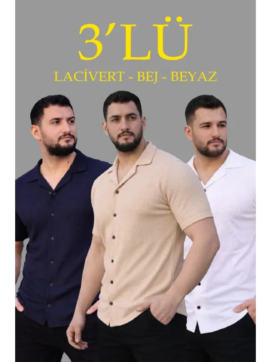 Erkek Waffle Dokuma Açık Yakalı Düğmeli Regular Kalıp 3’lü Gömlek Seti - Bej, Beyaz, Lacivert