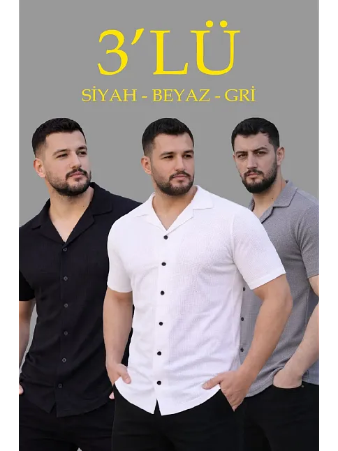 Erkek Waffle Dokuma Açık Yakalı Düğmeli Regular Kalıp 3’lü Gömlek Seti - Siyah, Beyaz, Gri