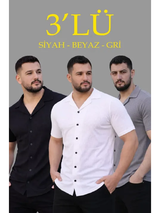 Erkek Waffle Dokuma Açık Yakalı Düğmeli Regular Kalıp 3’lü Gömlek Seti - Siyah, Beyaz, Gri Erkek Waffle Dokuma Açık Yakalı Düğmeli Regular Kalıp 3’lü Gömlek Seti - Siyah, Beyaz, Gri