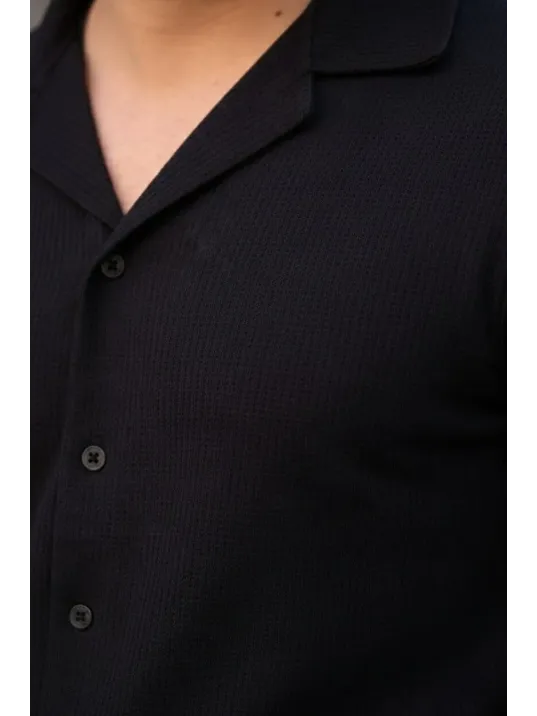 Erkek Waffle Dokuma Açık Yakalı Düğmeli Regular Kalıp 2’li Gömlek Seti - Siyah & Saks Mavisi