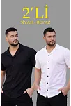 Erkek Waffle Dokuma Açık Yakalı Düğmeli Regular Kalıp 2’li Gömlek Seti - Siyah & Beyaz