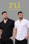 Erkek Waffle Dokuma Açık Yakalı Düğmeli Regular Kalıp 2’li Gömlek Seti - Siyah & Beyaz