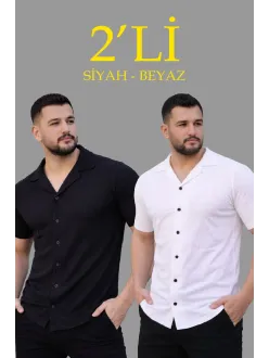 Erkek Waffle Dokuma Açık Yakalı Düğmeli Regular Kalıp 2’li Gömlek Seti - Siyah & Beyaz