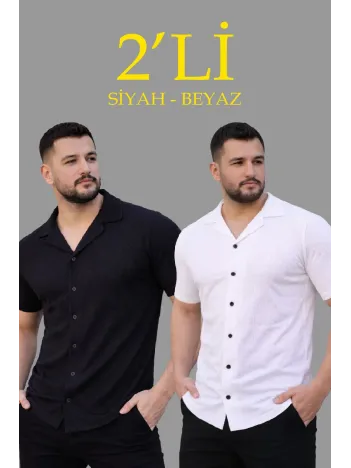 Erkek Waffle Dokuma Açık Yakalı Düğmeli Regular Kalıp 2’li Gömlek Seti - Siyah & Beyaz