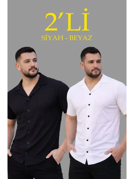 Erkek Waffle Dokuma Açık Yakalı Düğmeli Regular Kalıp 2’li Gömlek Seti - Siyah & Beyaz