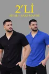 Erkek Waffle Dokuma Açık Yakalı Düğmeli Regular Kalıp 2’li Gömlek Seti - Siyah & Saks Mavisi