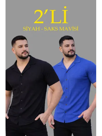 Erkek Waffle Dokuma Açık Yakalı Düğmeli Regular Kalıp 2’li Gömlek Seti - Siyah & Saks Mavisi