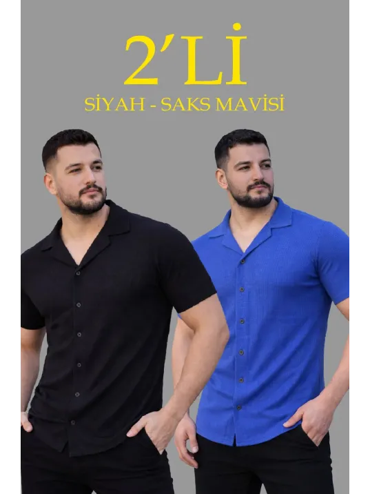 Erkek Waffle Dokuma Açık Yakalı Düğmeli Regular Kalıp 2’li Gömlek Seti - Siyah & Saks Mavisi