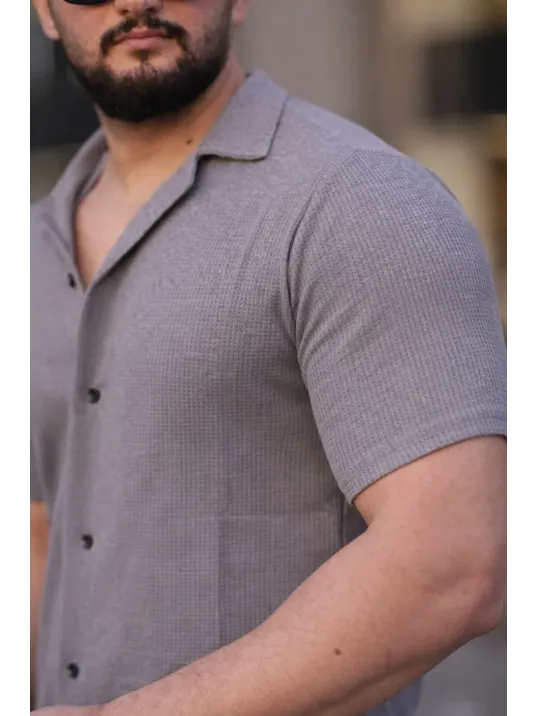 Erkek Waffle Dokuma Açık Yakalı Düğmeli Regular Kalıp 2’li Gömlek Seti - Beyaz & Gri