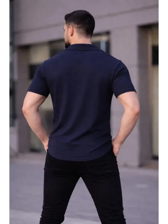 Erkek Waffle Dokuma Açık Yakalı Düğmeli Regular Kalıp 2’li Gömlek Seti - Lacivert & Gri