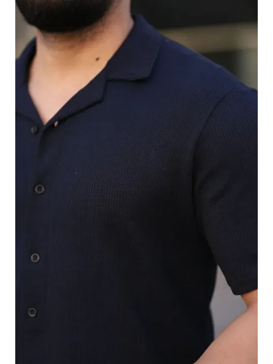 Erkek Waffle Dokuma Açık Yakalı Düğmeli Regular Kalıp 2’li Gömlek Seti - Lacivert & Gri