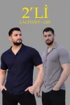 Erkek Waffle Dokuma Açık Yakalı Düğmeli Regular Kalıp 2’li Gömlek Seti - Lacivert & Gri