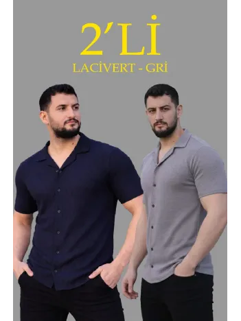 Erkek Waffle Dokuma Açık Yakalı Düğmeli Regular Kalıp 2’li Gömlek Seti - Lacivert & Gri