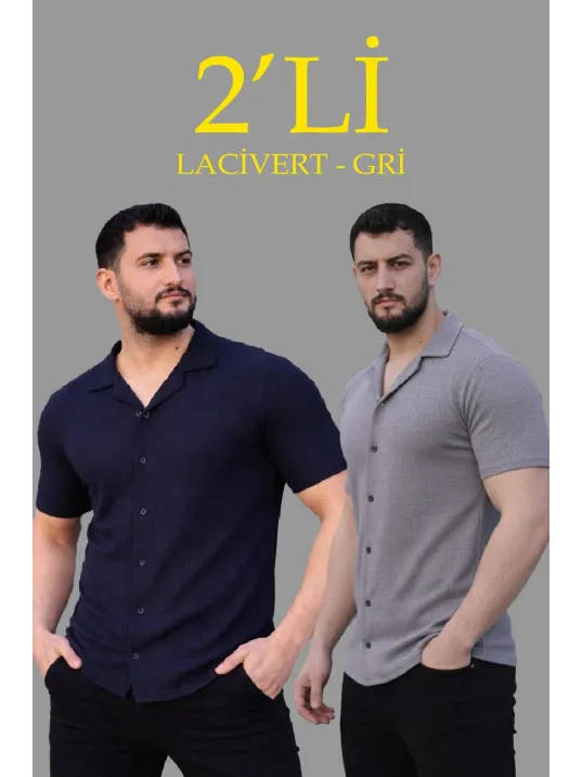 Erkek Waffle Dokuma Açık Yakalı Düğmeli Regular Kalıp 2’li Gömlek Seti - Lacivert & Gri