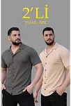 Erkek Waffle Dokuma Açık Yakalı Düğmeli Regular Kalıp 2’li Gömlek Seti - Haki & Bej