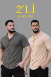 Erkek Waffle Dokuma Açık Yakalı Düğmeli Regular Kalıp 2’li Gömlek Seti - Haki & Bej
