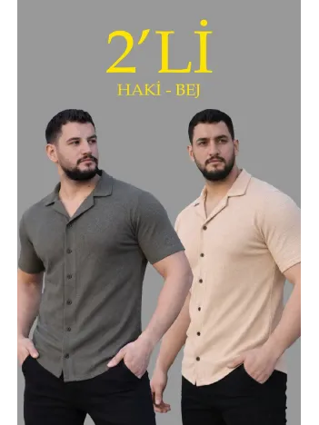 Erkek Waffle Dokuma Açık Yakalı Düğmeli Regular Kalıp 2’li Gömlek Seti - Lacivert & Gri